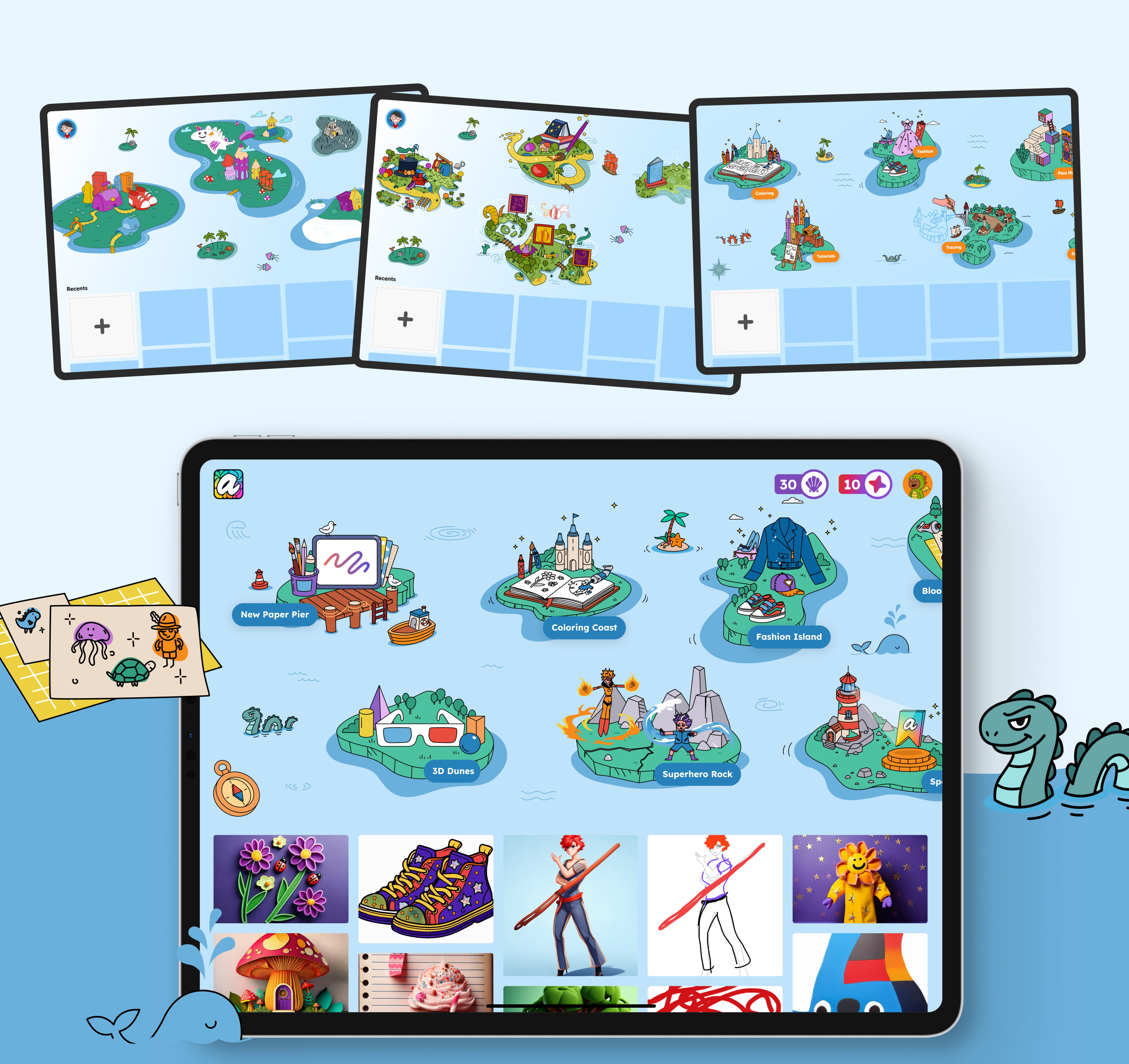 Island-based navigation showing world map progression